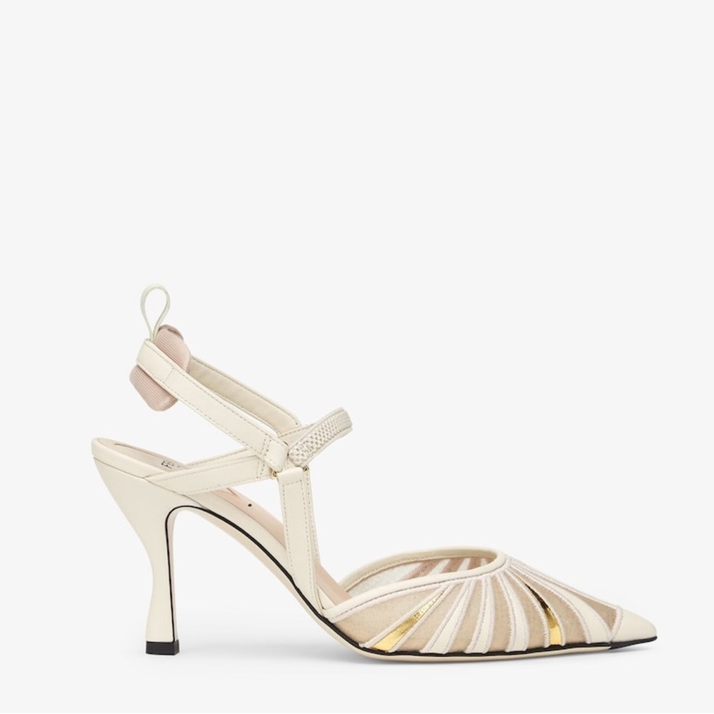 Fendi Leather And Mesh High-heeled Slingbacks In Blanc - Picture 1 of 15